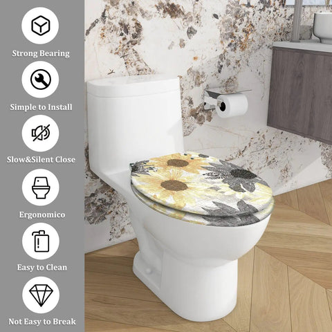 Toilet Seat Elongated Seamless for Bathroom with floral design, installed on a white toilet, easy to clean and ergonomic.