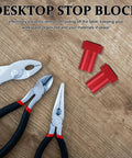 8 Pack Quick Release Limit Cards for Workbench Holes alongside pliers on a wooden table
