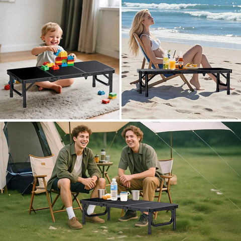 Three Foot Low Folding Picnic Table With Thick Aluminum Build, 10.3 Inch High, used indoors by child and outdoors at beach and camp.