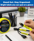 Neon Fluorescent Yellow Labeling Tape With Clean Removable Adhesive labeling cables on desk at office.
