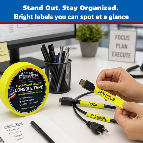 Neon Fluorescent Yellow Labeling Tape With Clean Removable Adhesive labeling cables on desk at office.