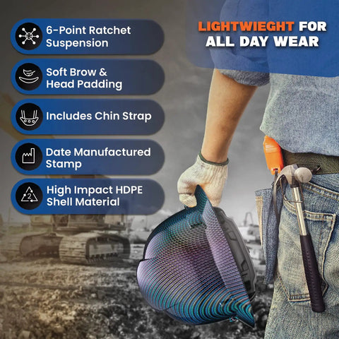 Full Brim Non Vented Hard Hat With Color Weave Carbon Fiber Design Gloss Finish OSHA Approved Helmet With 6 Point Suspension Lightweight HDPE held by worker