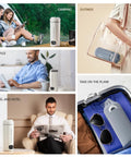 Collage showing Your Go-To Travel Kettle With LCD Touch Screen, Six Temperature Presets, 316 Stainless Steel, in various travel settings.