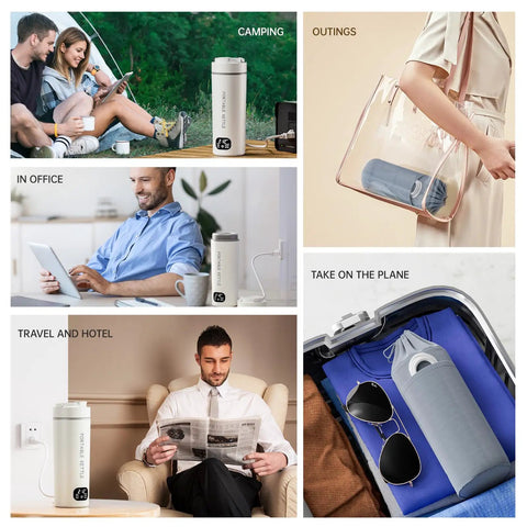 Collage showing Your Go-To Travel Kettle With LCD Touch Screen, Six Temperature Presets, 316 Stainless Steel, in various travel settings.