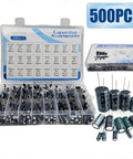 500Pcs Capacitor Kit With 24 Value Aluminum Electrolytic Caps 0.1uF to 1000uF 10V to 50V Includes Labeled Transparent Storage Box