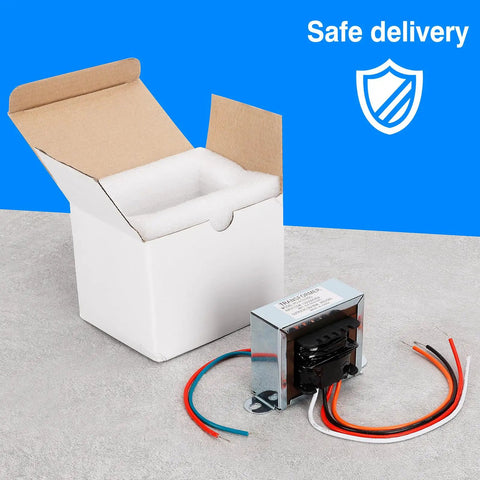 24V 50VA Control Transformer For HVAC Furnaces With Isolation Multi Tap Primary 120V 208V 240V and 24V Secondary beside box