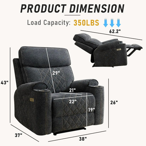 Electric Power Recliner Chair With Soft Fabric Upholstery Overstuffed Heavy Duty Sofa Chair With Metal Cup Holders Adjustable 100 Degree To 160 Degree Perfect For Living Room Or Bedroom Dark Gray displaying dimensions and recline angle.