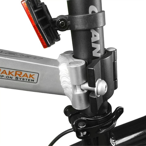 Close-up of Seatpost Mounted Rear Bike Rack with Quick Release for 26 Inch and 700c Frames, showing clamp and anodized aluminum
