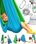 Child in blue and green Indoor Outdoor Kid Sensory Swing With Calming Cocoon Hug Hammock, 360 Degree Swivel Hardware, accessories shown