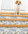 Dog sitting on stairs with Blue Hydrangea Floral Peel And Stick Wallpaper For Bathroom And Bedroom Vinyl Self Adhesive Wall Covering