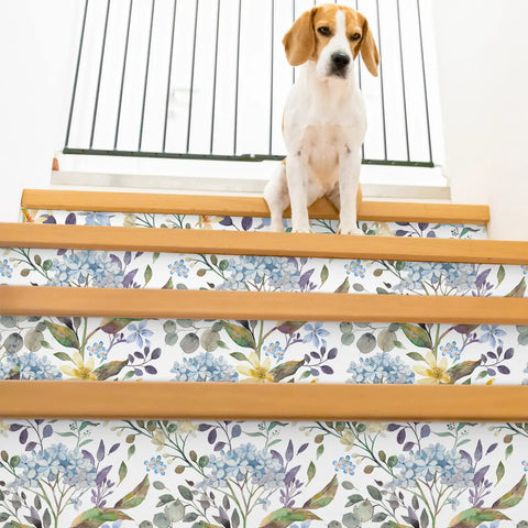 Dog sitting on stairs with Blue Hydrangea Floral Peel And Stick Wallpaper For Bathroom And Bedroom Vinyl Self Adhesive Wall Covering
