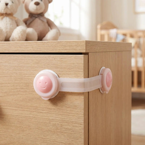 8 Pack Baby Proof Cabinet Locks No Drill Adhesive Mount Safety Locks on a wooden cabinet with pink smiley design