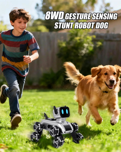 HuiJuKeJi interactive robot dog RC stunt car with 6-wheeled mecanum wheels and blue LED eyes on grass