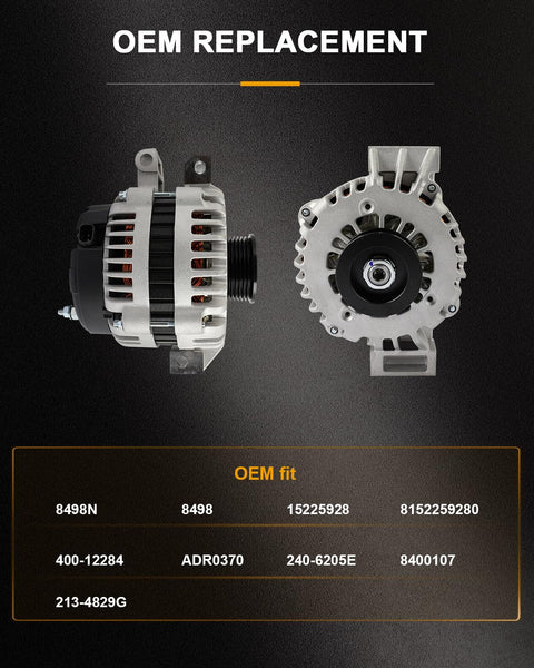 Alternator Replacement Compatible With Buick Rainier CXL 4.2L And Chevrolet Trailblazer 4.2L A B LS Base 2007 2008 2009 Plug And Play Ready 8498N OE Quality High Performance, showing side and front views