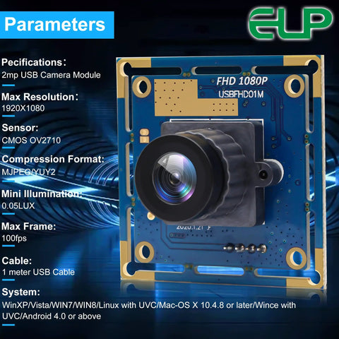 Rock Solid 1080P USB Security Camera Module With Wide Angle Lens And Killer Low Light Setup Smooth 30FPS High Speed PC Webcam top view with lens.