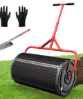 24 Inch Compost And Peat Moss Spreader For Lawn With Adjustable T Shaped Handle Upgraded Side Clasps Durable Lightweight Metal Roller Delivers Uniform Spreading Diamond Mesh Design Black Finish on grass with gloves and rake