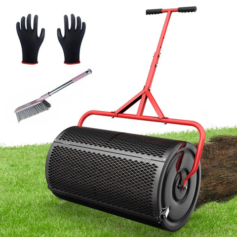 24 Inch Compost And Peat Moss Spreader For Lawn With Adjustable T Shaped Handle Upgraded Side Clasps Durable Lightweight Metal Roller Delivers Uniform Spreading Diamond Mesh Design Black Finish on grass with gloves and rake