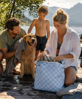 Family using Two Pack Large Wet Dry Bags For Swimwear And Laundry, Waterproof Travel Organizer, cute checkered design at a lakeside