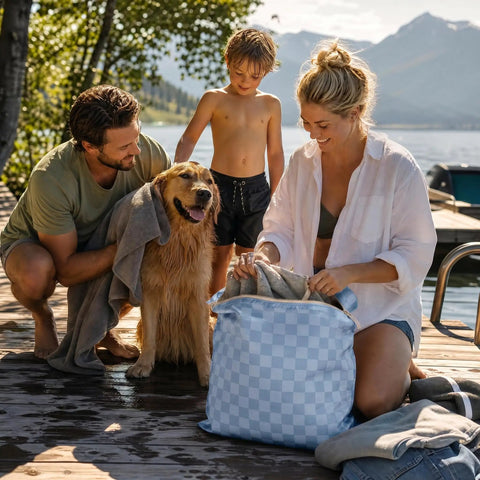 Family using Two Pack Large Wet Dry Bags For Swimwear And Laundry, Waterproof Travel Organizer, cute checkered design at a lakeside