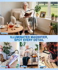 Massive 7 Inch Floor Magnifier Lamp With Light And Stand Flexible Gooseneck 10X To 30X Magnification 5 Color Modes in use for reading, painting, knitting, and carving