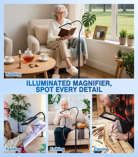 Massive 7 Inch Floor Magnifier Lamp With Light And Stand Flexible Gooseneck 10X To 30X Magnification 5 Color Modes in use for reading, painting, knitting, and carving