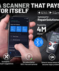 User holding smartphone showing repair app next to Easy No Fuss Check Engine Code Reader And Scanner For 1996 And Later OBDII Cars.