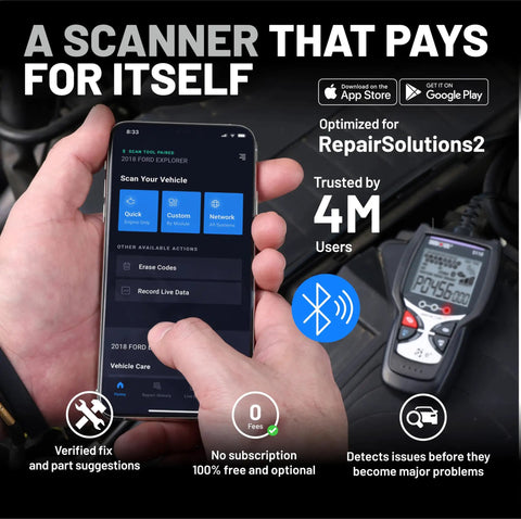 User holding smartphone showing repair app next to Easy No Fuss Check Engine Code Reader And Scanner For 1996 And Later OBDII Cars.
