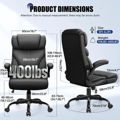Ergonomic Leather Office Chair With Flip Up Armrests Big And Tall High Back Executive Computer And Gaming Chair With Footrest All Day Comfort Padded Support Rocking Base Boss Level Black dimensions