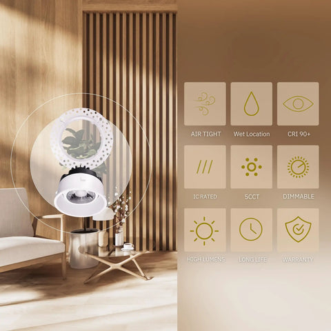 Trimless 2 Inch Gimbal Round LED Downlight Luminaire White Finish Dimmable 8W 65W Equivalent 600 Lumens CRI 90+ IC Rated 5 CCT Selectable