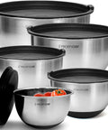 Stainless Steel Mixing Bowls With Lids Set Featuring Airtight Lids And Non Slip Base, Five Nesting Bowls In 1.5 Qt to 5 Qt Sizes.