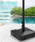 Heavy Duty 120Lb Fillable Umbrella Base With Wheels And Handle shown on patio by pool