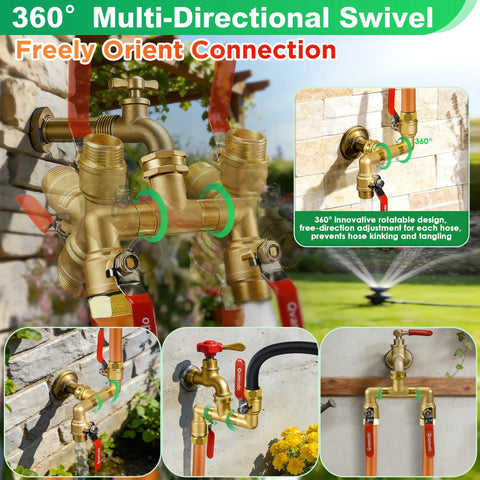 360 Degree Rotating Garden Hose Splitter With Independent Valves, 3/4 Inch GHT Brass High Flow Splitter, Heavy Duty Faucet Attachment For Outdoor Yard, Swivel Heads For Easy Hose Management on wall faucet