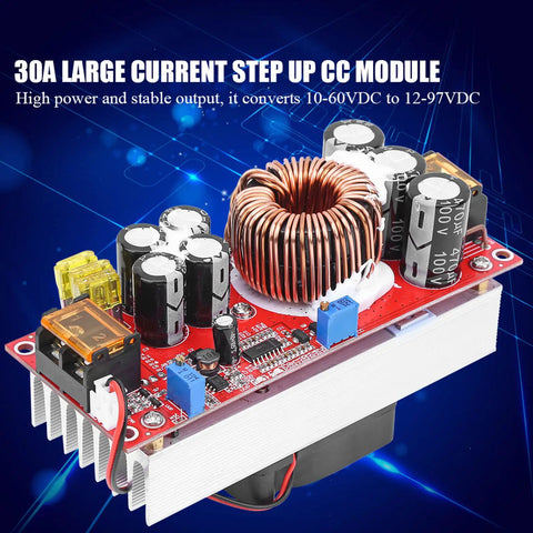 1500W Boost Converter Step Up Module DC To DC Adjustable Voltage Regulator 10V To 97V Output with large copper coil and components.