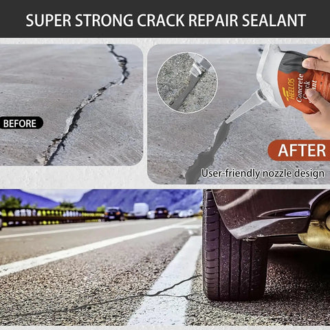 Darn Solid Beefy Two Pack Concrete Crack Filler And Heavy Duty Cement Sealant showing before and after pavement repair images.