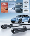 Extra Long 33Ft Ev Charger Extension Cable Rock Solid 50 Amp Nacs Plug next to a blue Tesla, showcasing weather resistance features.