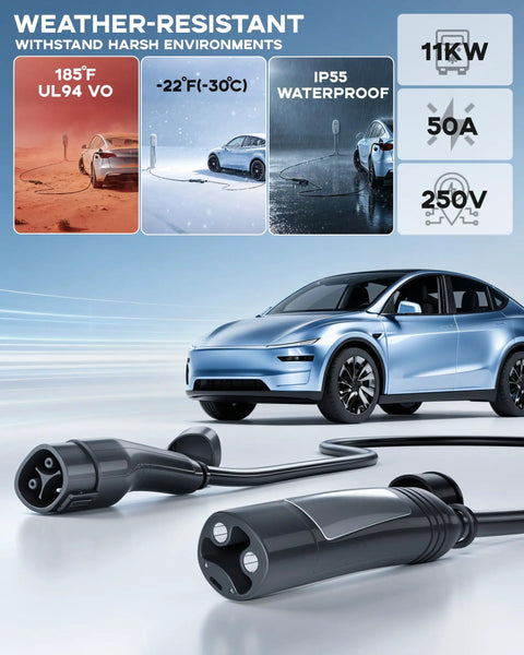 Extra Long 33Ft Ev Charger Extension Cable Rock Solid 50 Amp Nacs Plug next to a blue Tesla, showcasing weather resistance features.