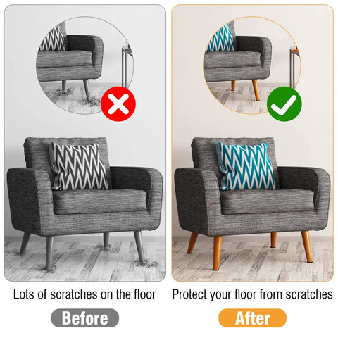 Comparison of scratched floor before and protected floor after using Oversized Non Slip Furniture Pads for Hardwood Floors.