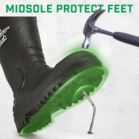 Mens Steel Toe Rain Boots PVC Rubber Waterproof Knee High Work Boots For Construction Agriculture Industrial And Heavy Duty Outdoors Slip Resistant Garden And Fishing Gear Size 9, side view with protective midsole against nails and hammer.