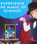 Child magician beside National Geographic Magic Chemistry Kit For Kids With 10 Mind Blowing Tricks on a table.