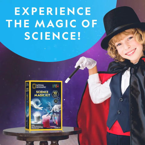 Child magician beside National Geographic Magic Chemistry Kit For Kids With 10 Mind Blowing Tricks on a table.