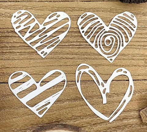 Set of 4 heart frame metal die cuts for scrapbooking, made of silver carbon steel, each 9.4x7.7 cm, decorative design.