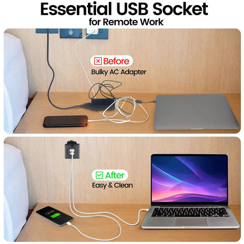 Top image shows a cluttered desk with bulky AC adapters; bottom image shows a neat setup with Dual USB C Car Charger Kit With 65W And 20W PD 3.0 Power Delivery charging a laptop and phone.