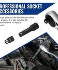 Pro-Grade 18-Piece Impact Socket Extension Set With Adapters, Ratchet Extensions, Extension Bars, Swivel Joints And Impact Coupler, 1/4, 3/8, And 1/2 Inch Drive, shown with manual wrench in engine compartment.