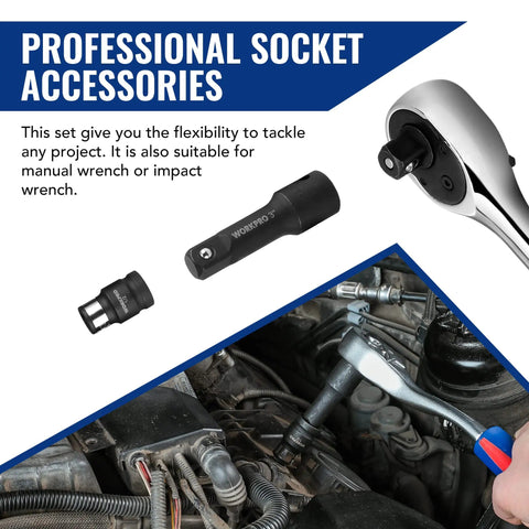 Pro-Grade 18-Piece Impact Socket Extension Set With Adapters, Ratchet Extensions, Extension Bars, Swivel Joints And Impact Coupler, 1/4, 3/8, And 1/2 Inch Drive, shown with manual wrench in engine compartment.
