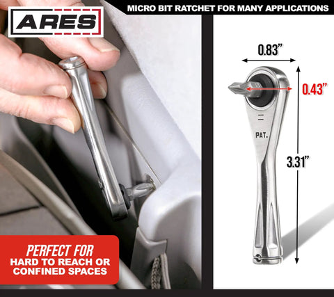 Dual Drive 1/4-Inch Ratchet And 1/4-Inch Bit Holder shown in tight space use, 72-Tooth Micro Ratchet with dimensions displayed.