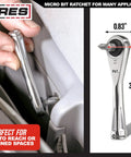 Compact Quarter Inch Drive Micro Bit Ratchet For Tight Spaces Mini Screwdriver shown in automotive use and size comparison