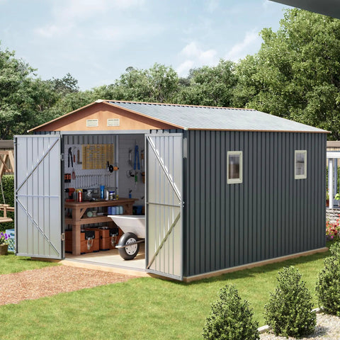 Big Beefy 10x12x7.4Ft Outdoor Storage Shed With Lockable Doors, Windows And Vents, Extra Large Metal Tool Shed For Garden