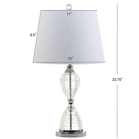 Clear Crystal LED Table Lamp Set Of 2 With Dope Glam Hourglass Design White Linen Shade Chrome Finish Energy Saving Bulbs Included.