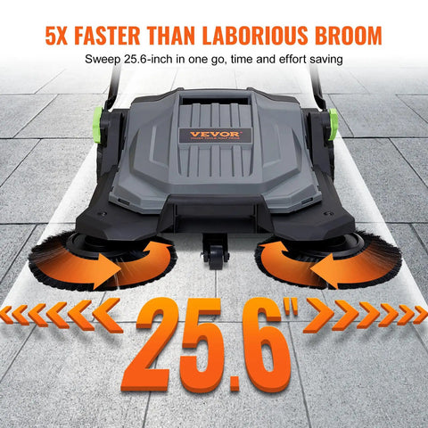 Walk-Behind Hand Push Floor Sweeper With A 25.6 Inch Sweep Width on pavement, featuring dual rotating brushes and 5-gallon waste container