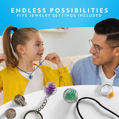 Father and daughter with necklaces from Starter Rock Tumbler Kit For Beginners, Kid Friendly, Leakproof And Durable Rock Polisher.